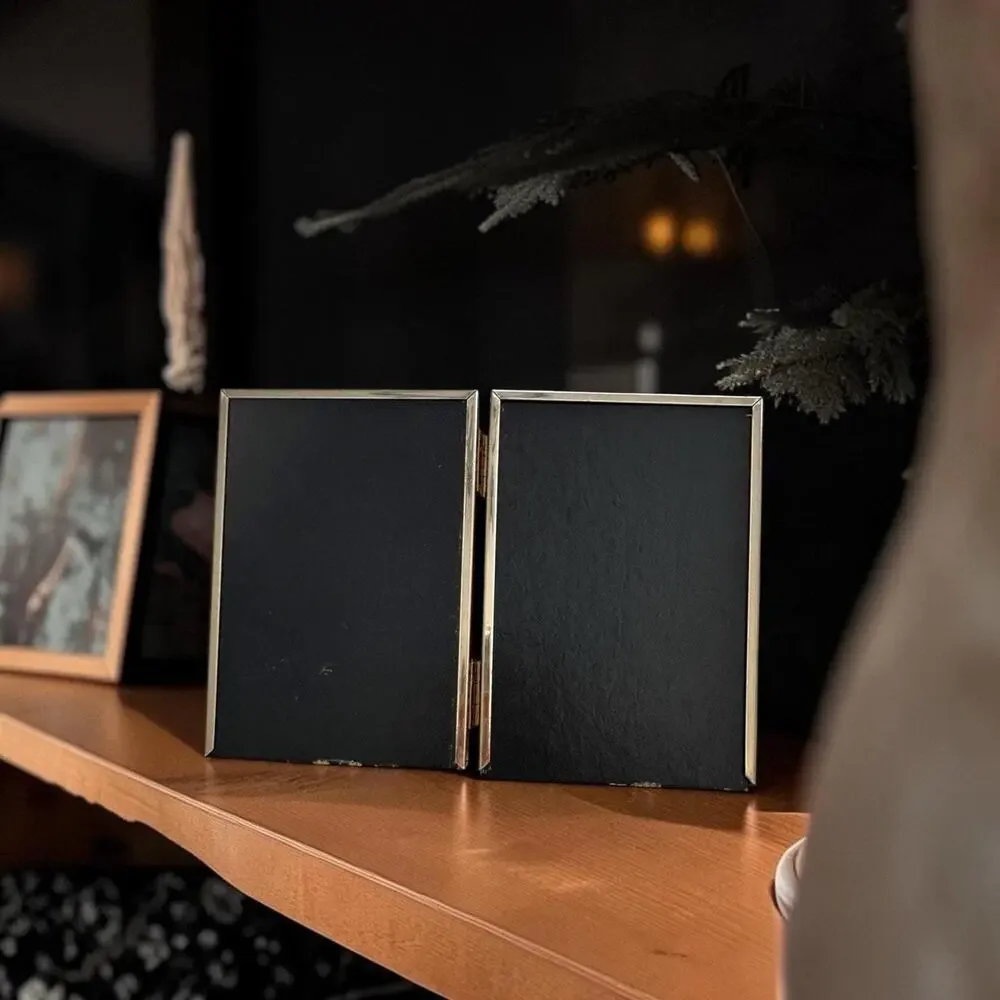 Vintage Gold Tone Double Hinged Picture Frame | Mini Dual 2.5 x 3.5 Inch Photo